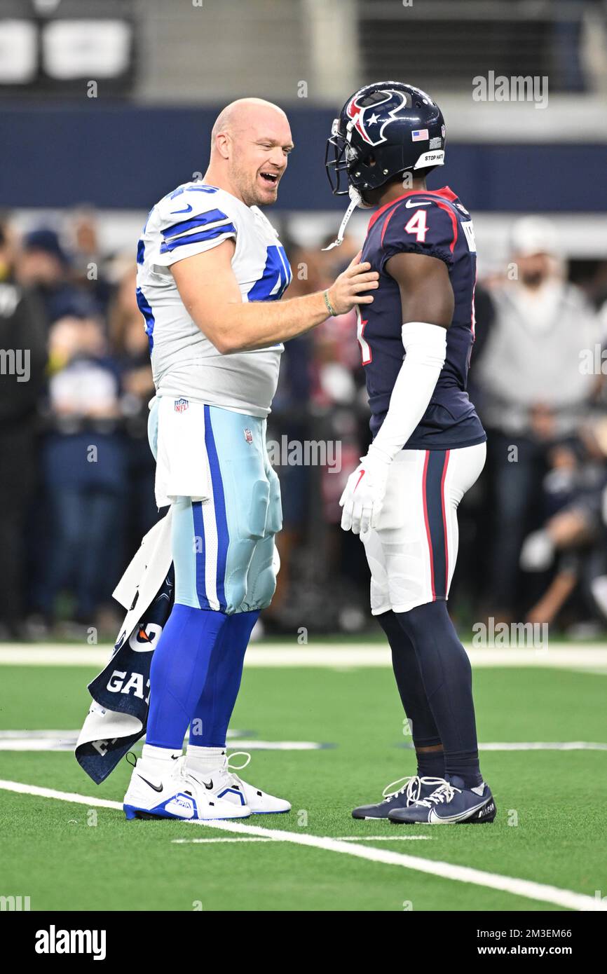 Dallas Cowboys long snapper Matt Overton (45) and Houston Texans wide receiver Phillip Dorsett (4) say hello before the NFL Football Game between the Stock Photo