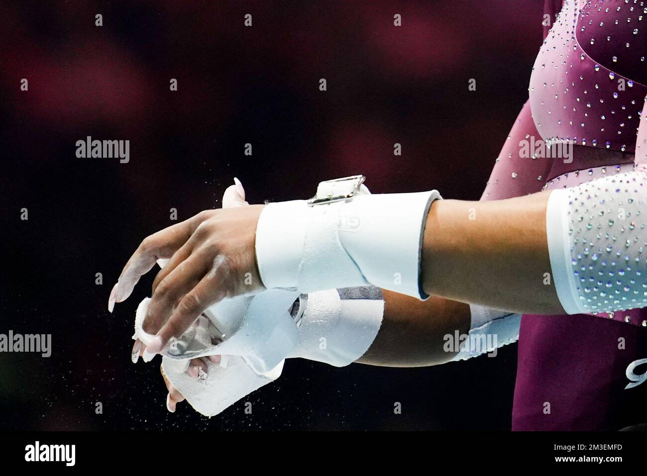 A close up of a gymnastÕs hands during a bars routine Stock Photo - Alamy