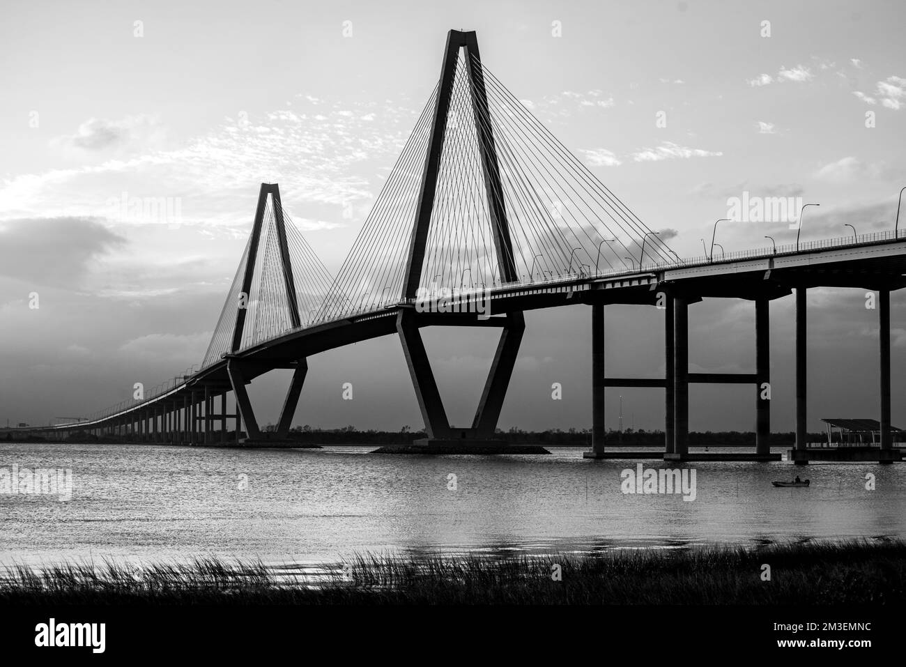 A greyscale shot of the Arthur Ravenel Jr Bridge in Charleston, Mount