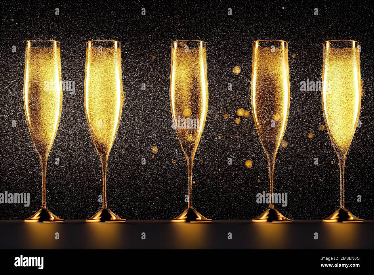 a row of champagne flutes with gold bubbles in them on a black ...