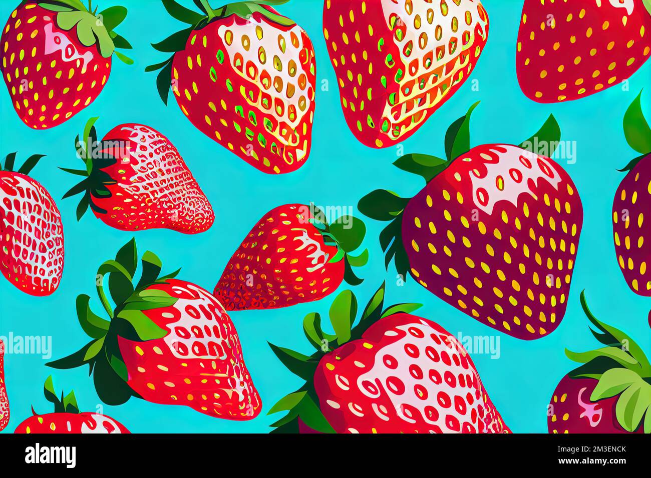 a painting of strawberries on a blue background with green leaves and ...