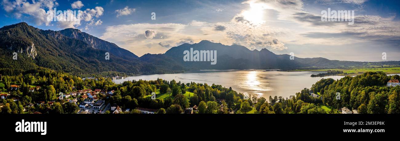 Kochelsee lake beautiful alps panorama in bavaria. Scenic Drone shot Stock Photo