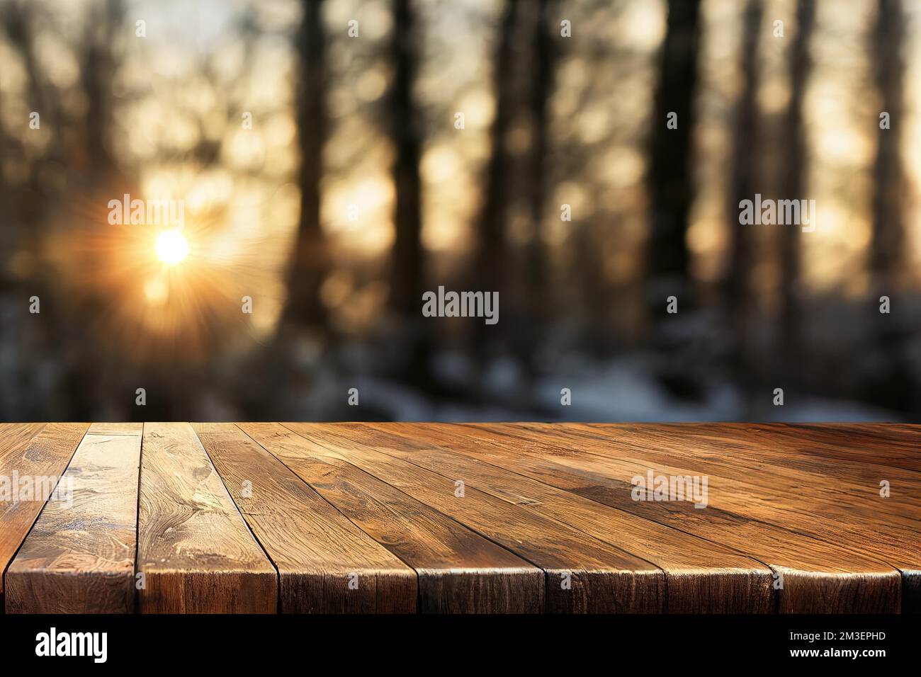 a wooden table top with a blurry background of trees in the background ...