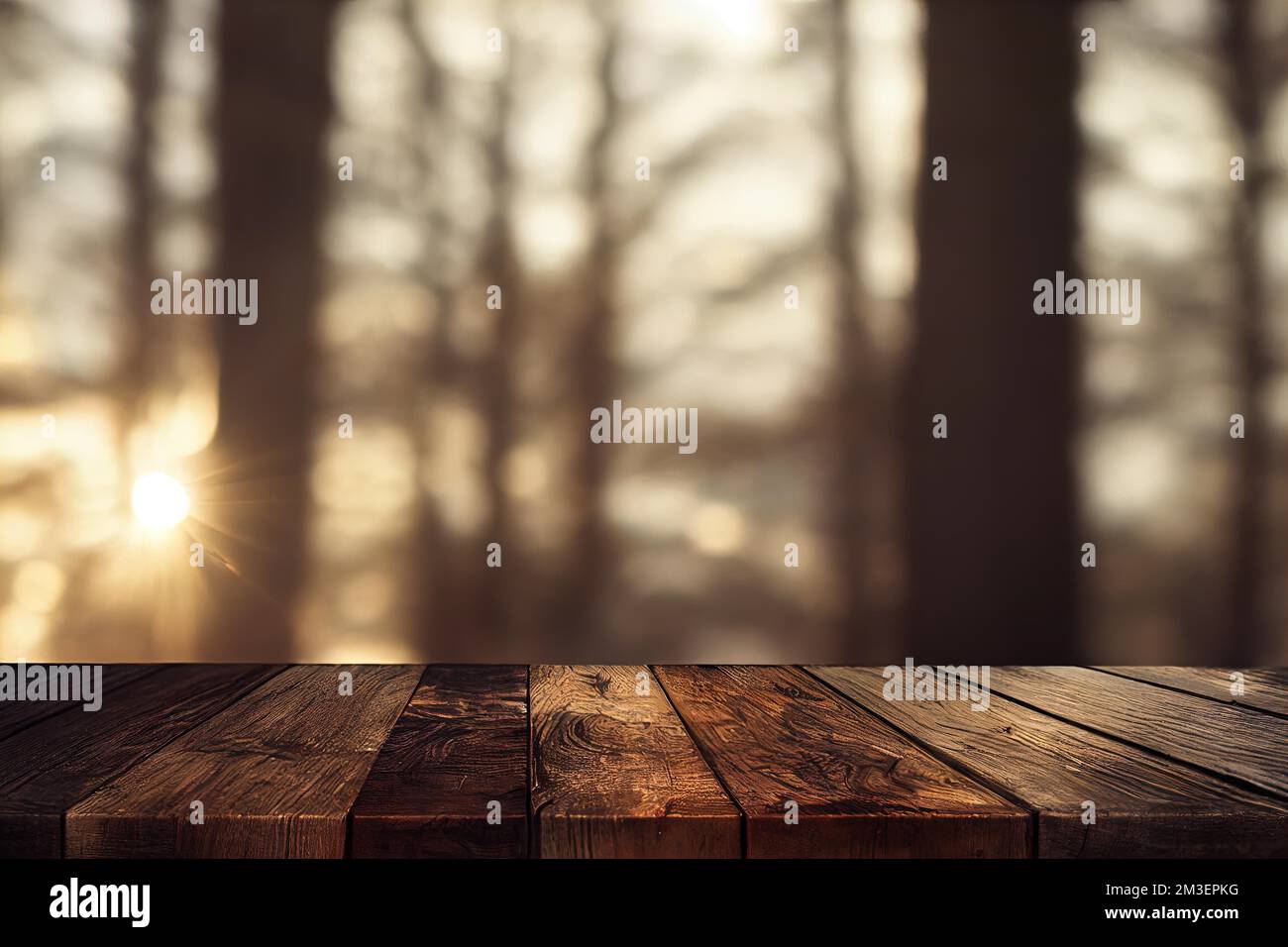 a wooden table with a blurry background of trees in the background and ...