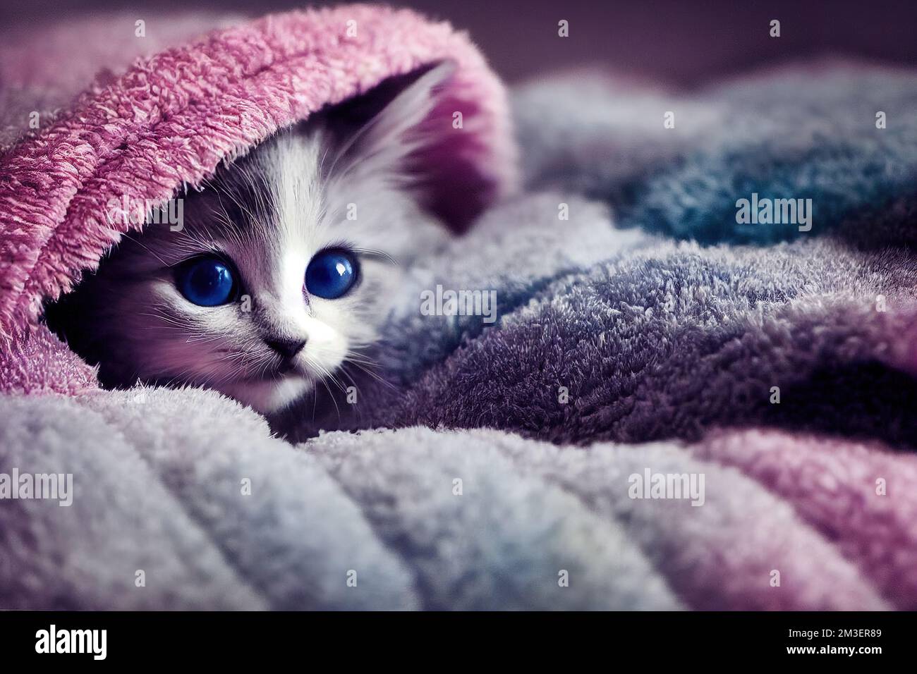 a kitten with blue eyes peeking out from a blanket covered in blankets ...