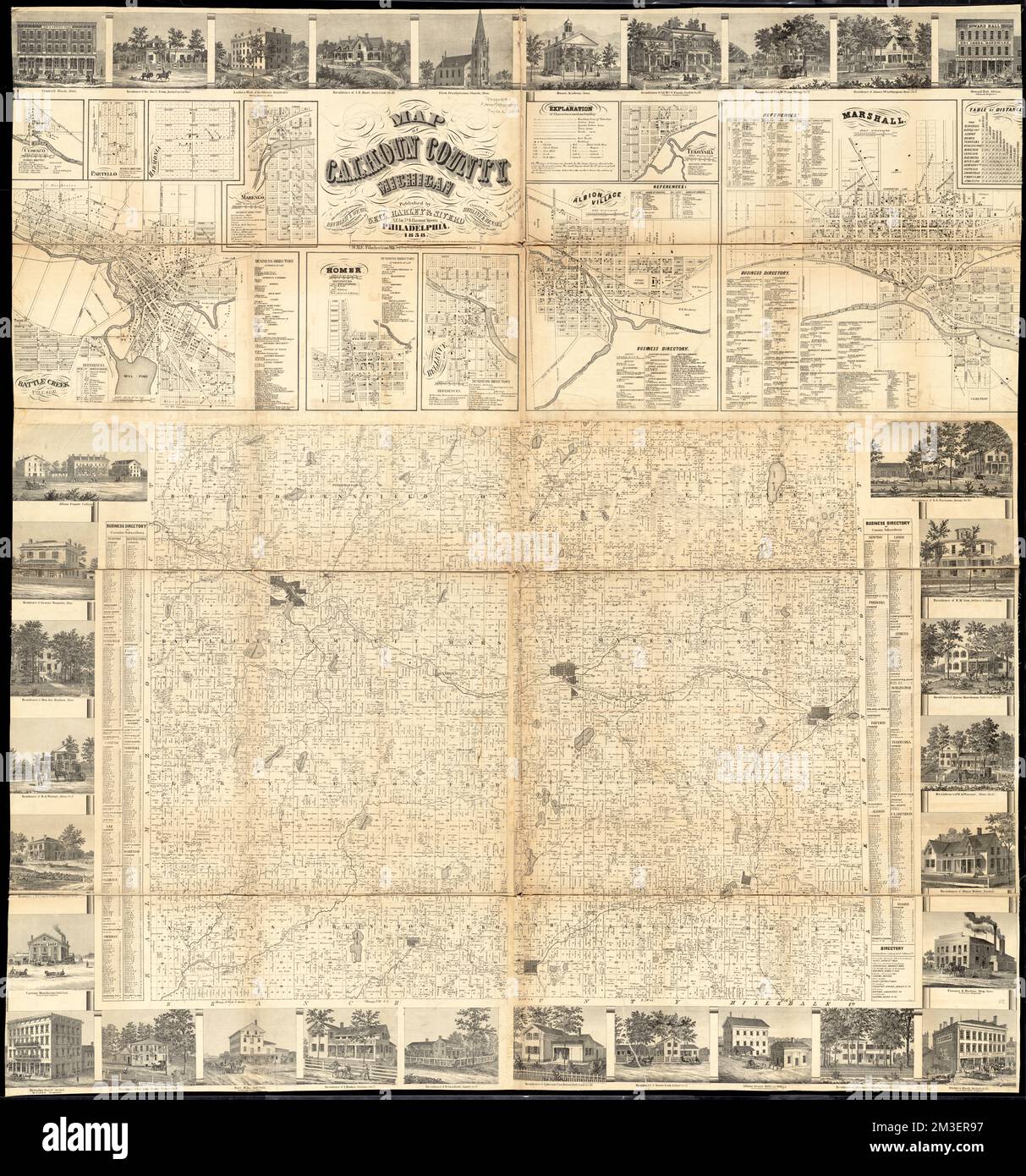 Map of Calhoun County, Michigan , Buildings, Michigan, Calhoun County, Pictorial works, Real property, Michigan, Calhoun County, Maps, Landowners, Michigan, Calhoun County, Maps, Calhoun County Mich., Maps, Albion Calhoun County, Mich., Maps, Battle Creek Mich., Maps, Bellevue Mich., Maps, Ceresco Mich., Maps, Harmonia Mich., Maps, Homer Mich., Maps, Marengo Mich., Maps, Marshall Mich., Maps, Partello Mich., Maps, Tekonsha Mich., Maps Norman B. Leventhal Map Center Collection Stock Photo