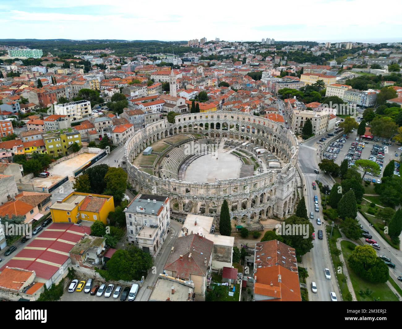 Pula  Roman Pula Arena City Croatia drone aerial view Stock Photo