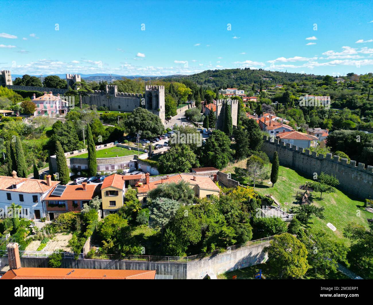 Piran city walls Slovenia on sunny day drone aerial view Stock Photo