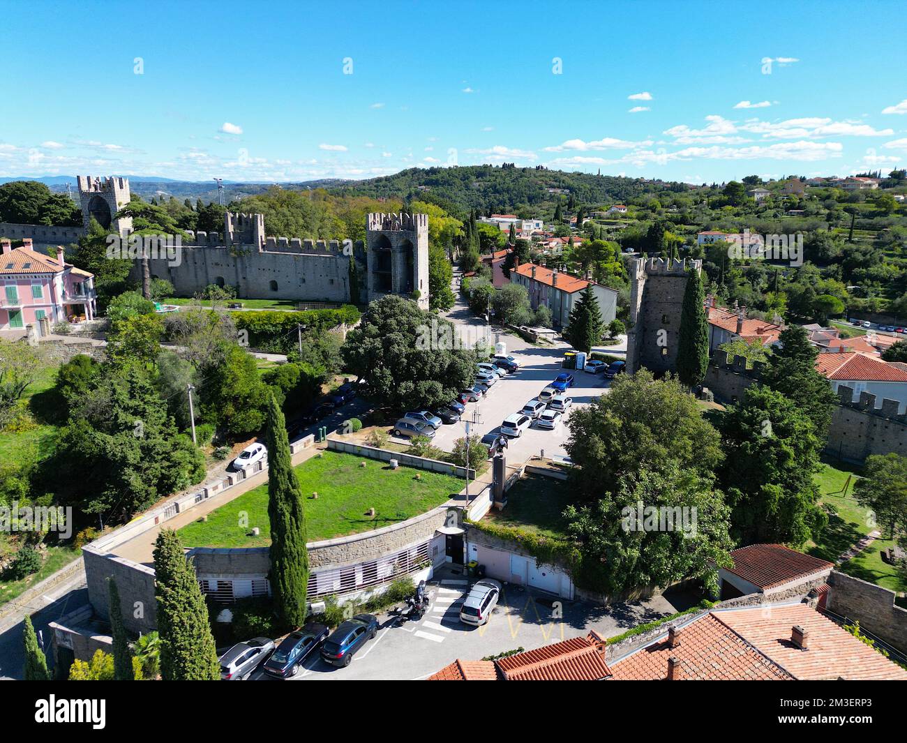 Piran city walls Slovenia on sunny day drone aerial view Stock Photo