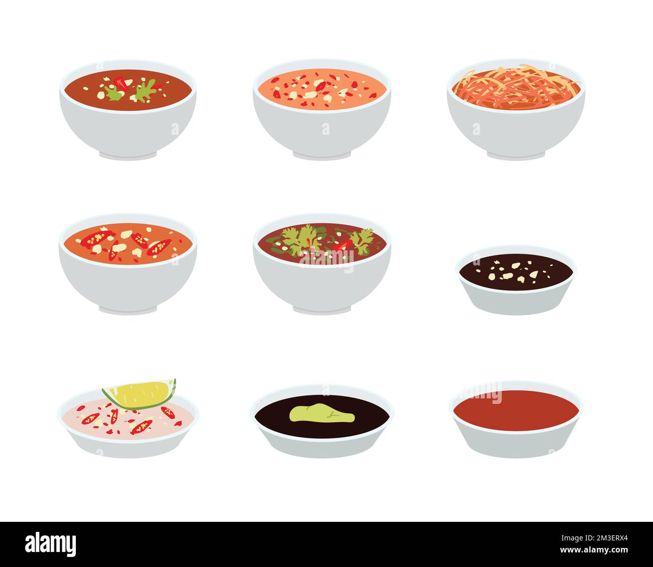 Set of dipping sauce with chili, garlic, salt, soy, mustard flat vector design illustration. Fish sauce clipart. Asian food. Asian cuisine Stock Vector