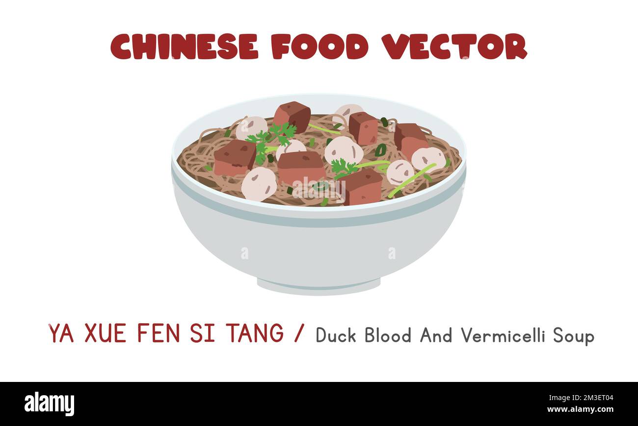 Chinese Duck Blood and Vermicelli Soup flat vector design illustration, clipart cartoon style. Asian food. Chinese cuisine. Chinese food Stock Vector