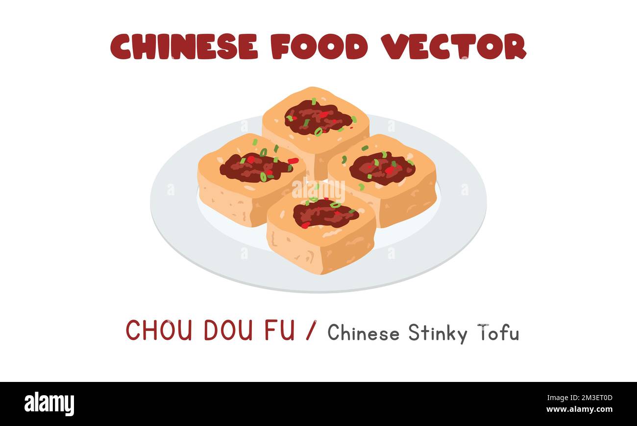 Chinese Chou Dou Fu - Chinese Stinky Tofu flat vector design illustration, clipart cartoon style. Asian food. Chinese cuisine. Chinese food Stock Vector