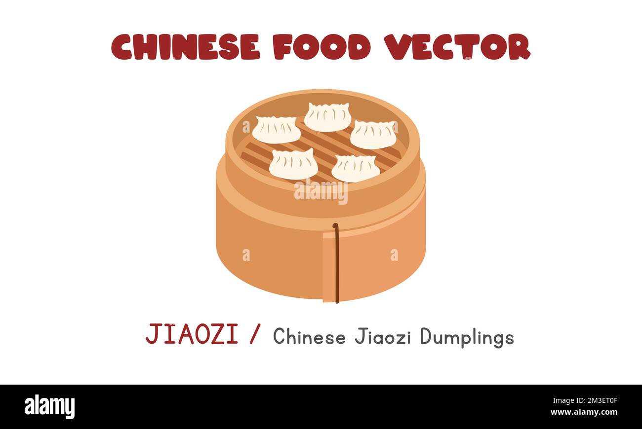 Chinese Jiaozi - Chinese Jiaozi Dumplings in a bamboo steamer flat vector design illustration, clipart cartoon style. Asian food. Chinese cuisine Stock Vector