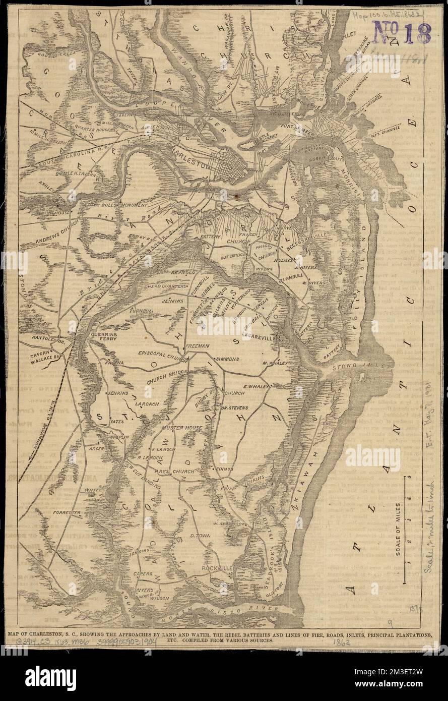Map of Charleston, S.C., showing the approaches by land and water, the rebel batteries and lines