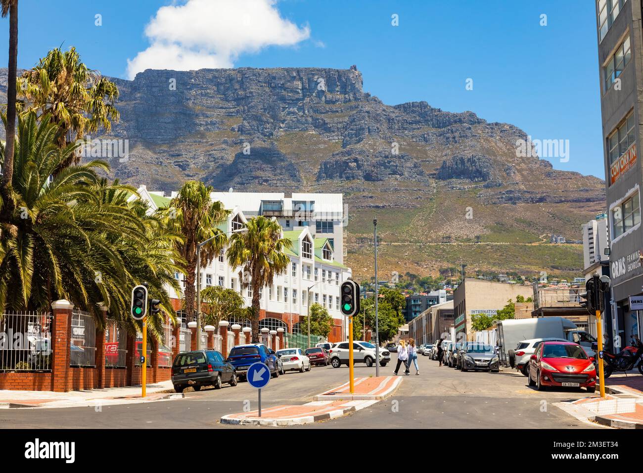 Cape Town, South Africa - December 7, 2022: Street view of City buildings with Table Mountain in the background Stock Photo