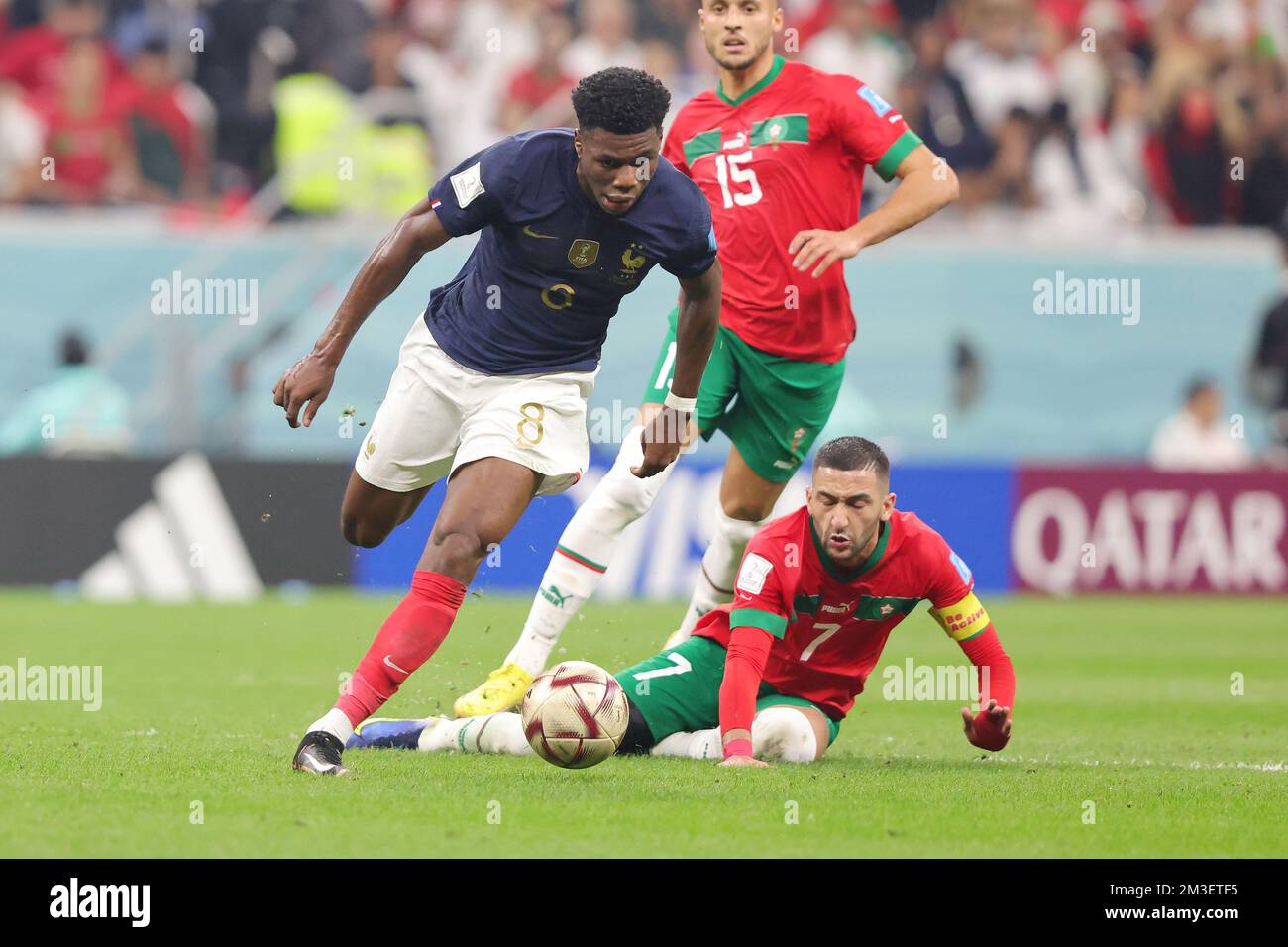 Aurelien Tchouameni of France and Hakim Ziyech of Morocco during the