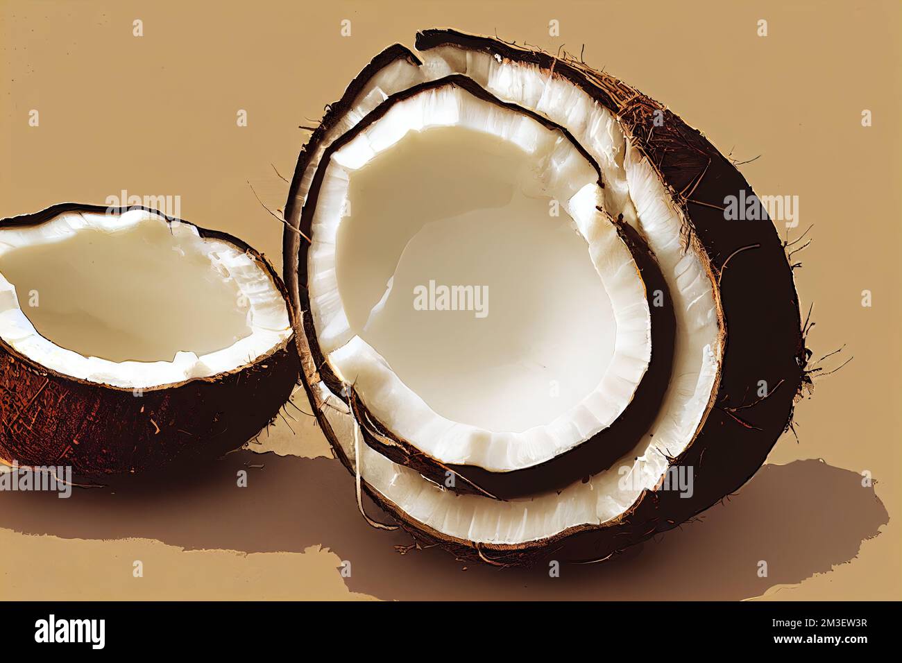 a half eaten coconut sitting on top of a table next to a cut in half coconut on a table. . Stock Photo