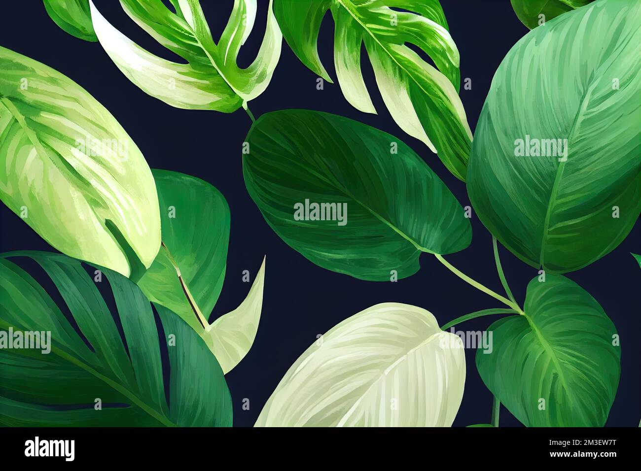 a painting of green leaves on a black background with a blue background