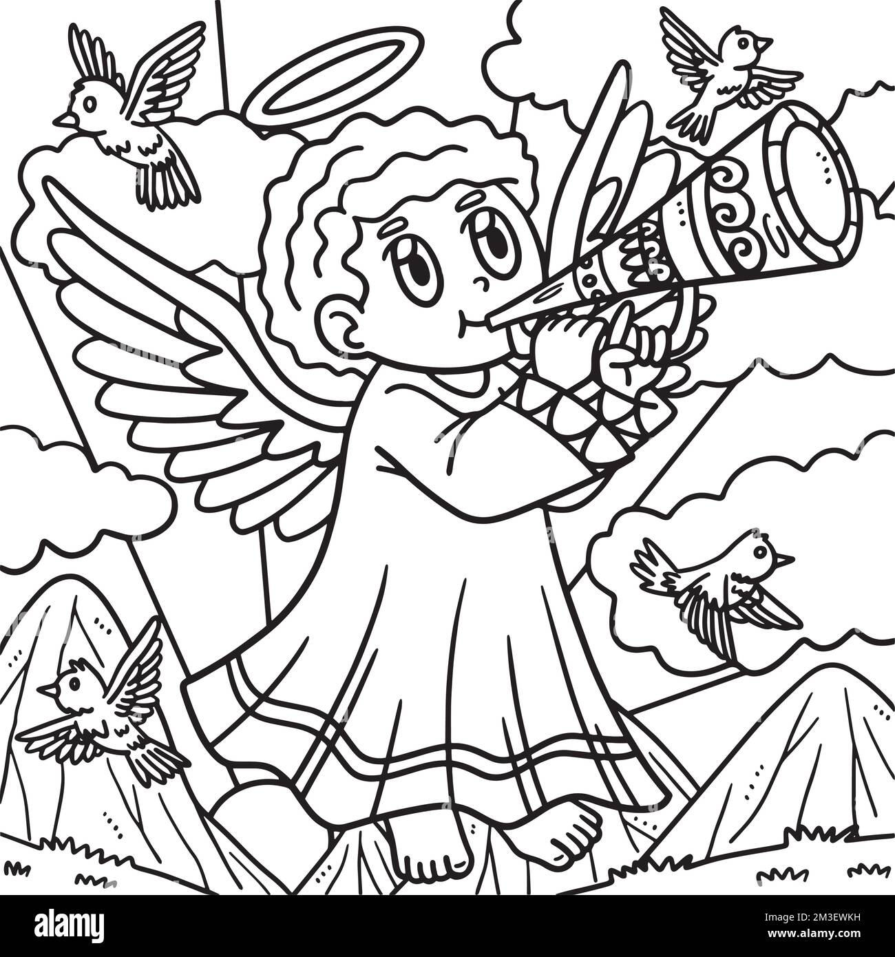 Christian Angel Blowing the Trumpet Coloring Page Stock Vector