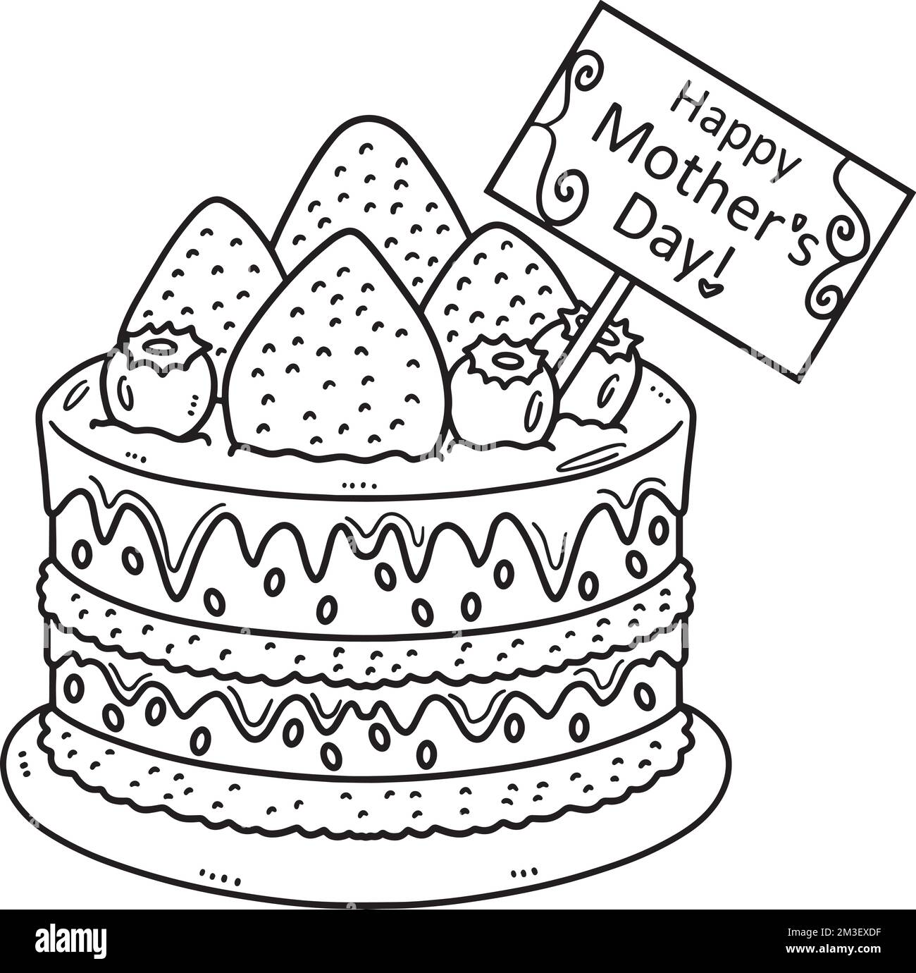 Mothers Day Cake Isolated Coloring Page for Kids Stock Vector