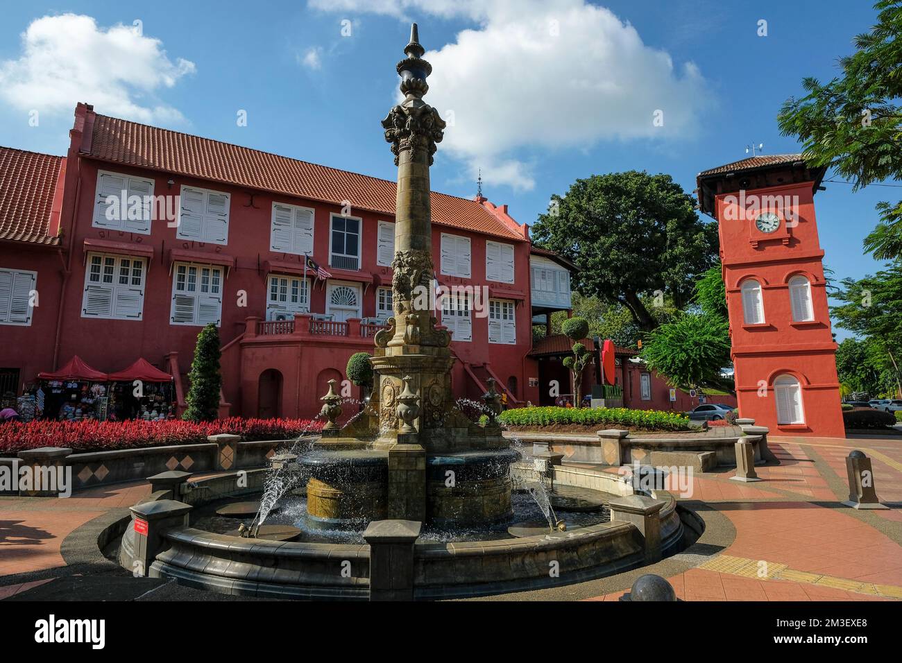 Malacca, Malaysia - November 2022: Views of Dutch Square with the Melaka Clock Tower on November 30, 2022 in Malacca, Malaysia. Stock Photo