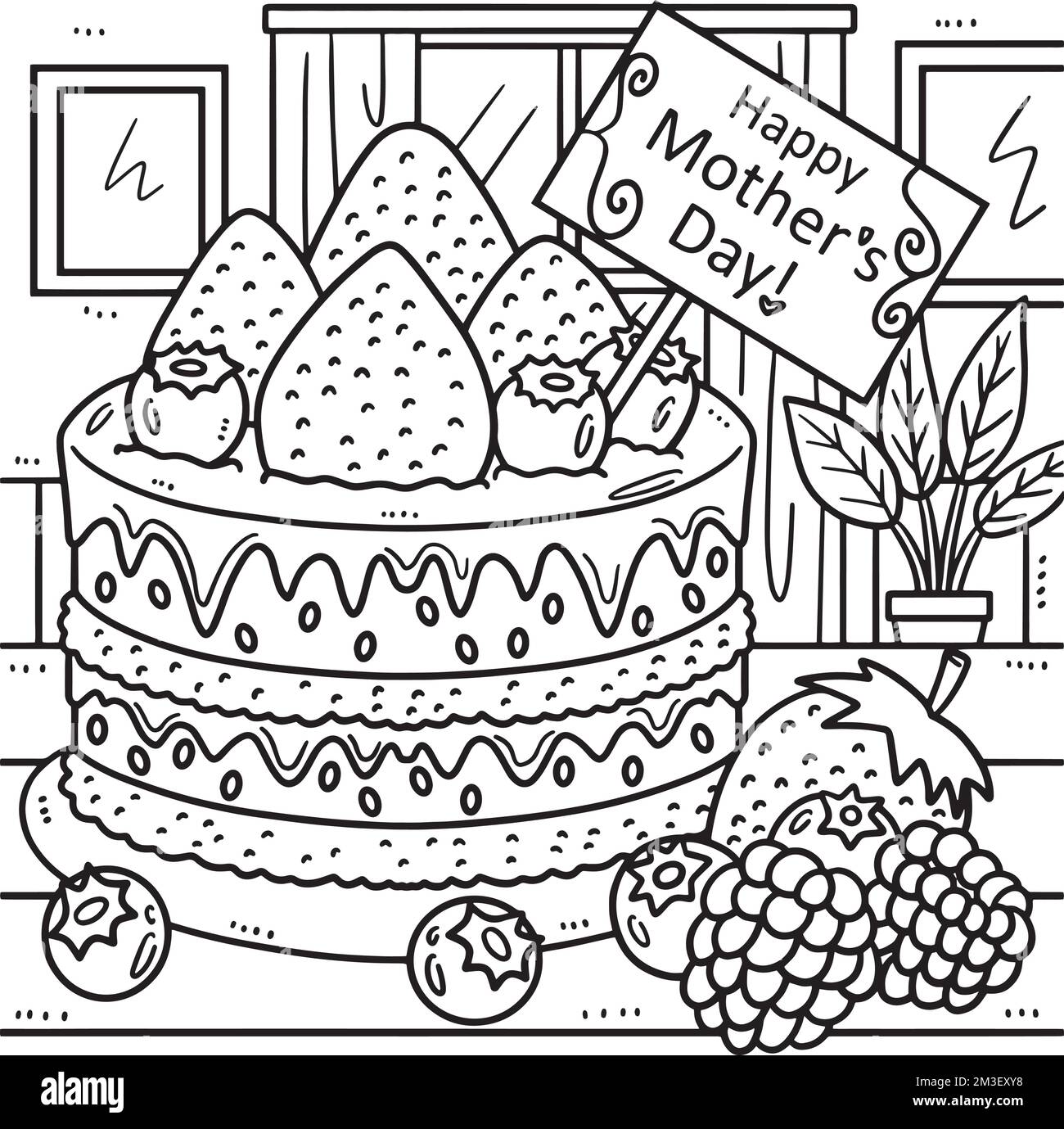 Mothers Day Cake Coloring Page for Kids Stock Vector