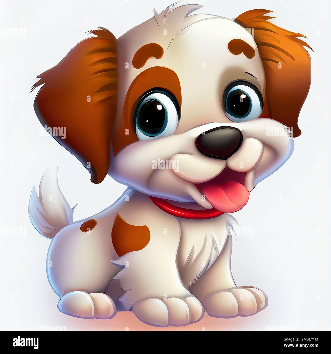 a cartoon dog with a red collar and big eyes sitting down and smiling at  the camera with a white background Stock Photo - Alamy