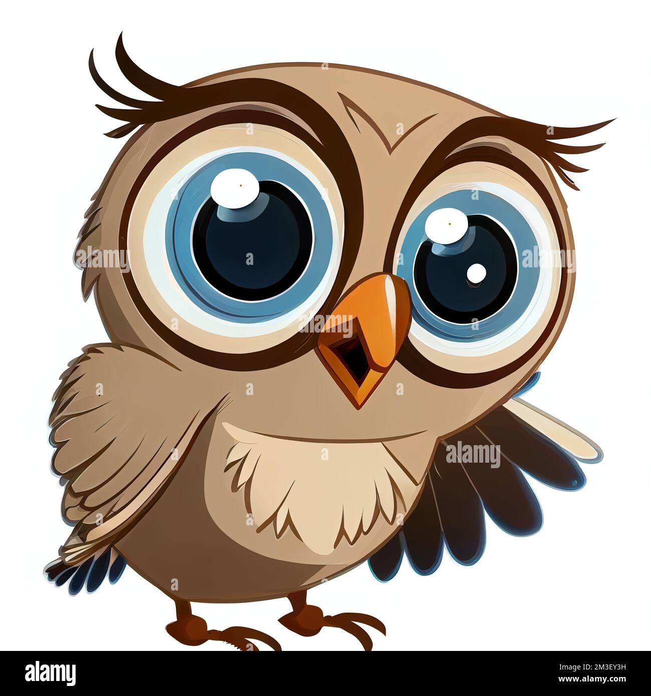 a cartoon owl with big blue eyes and a brown beak is standing upright and looking at the camera with a wide open eye. . Stock Photo
