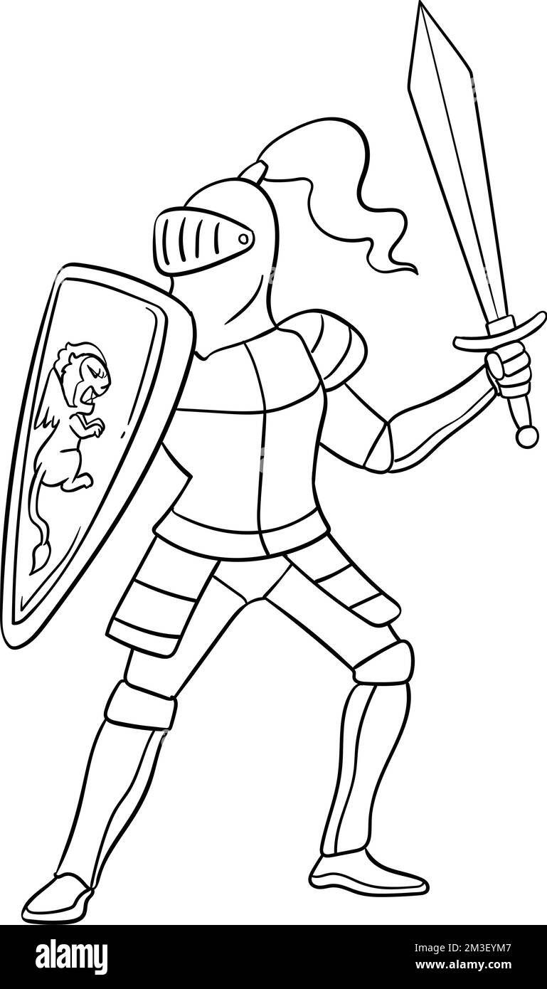 Knight in a Fighting Pose Isolated Coloring Page Stock Vector