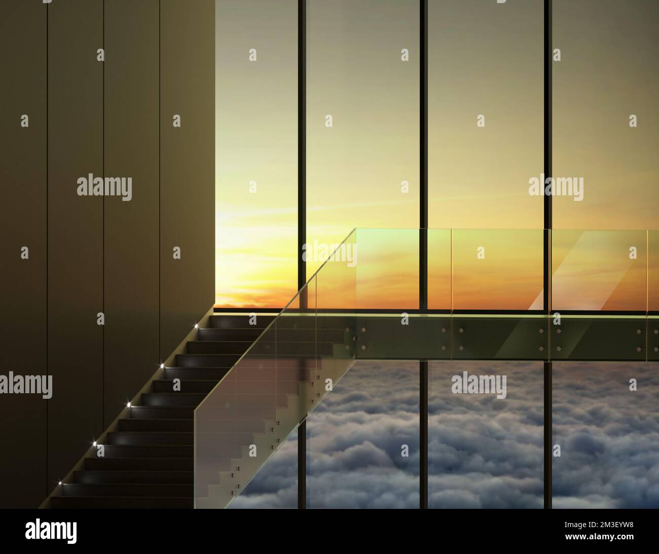 Modern staircase with glass railings in interior Stock Photo - Alamy