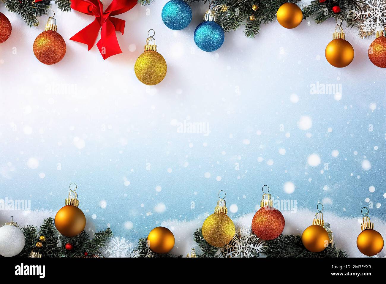 a christmas background with ornaments and a red bow on a blue