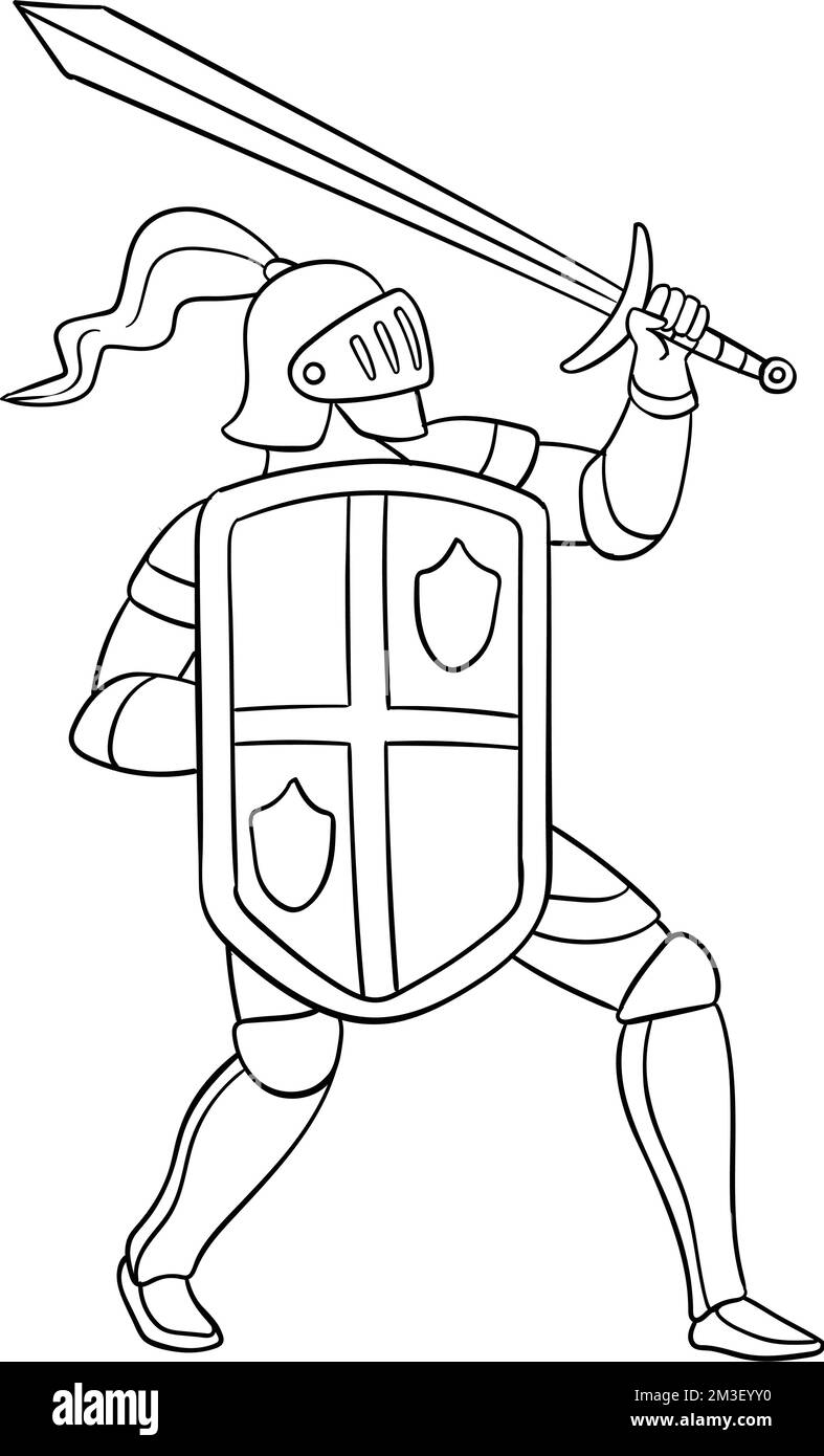 Knight Attacking Pose Isolated Coloring Page Stock Vector