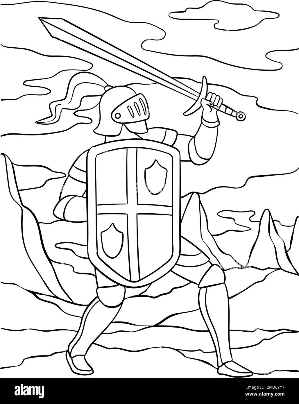 Knight Attacking Pose Coloring Page for Kids Stock Vector