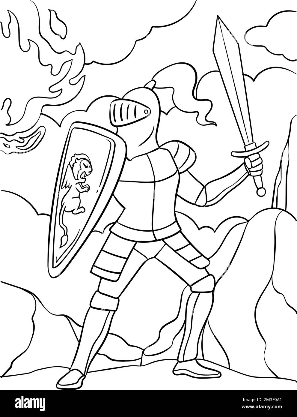 Knight in a Fighting Pose Coloring Page for Kids Stock Vector