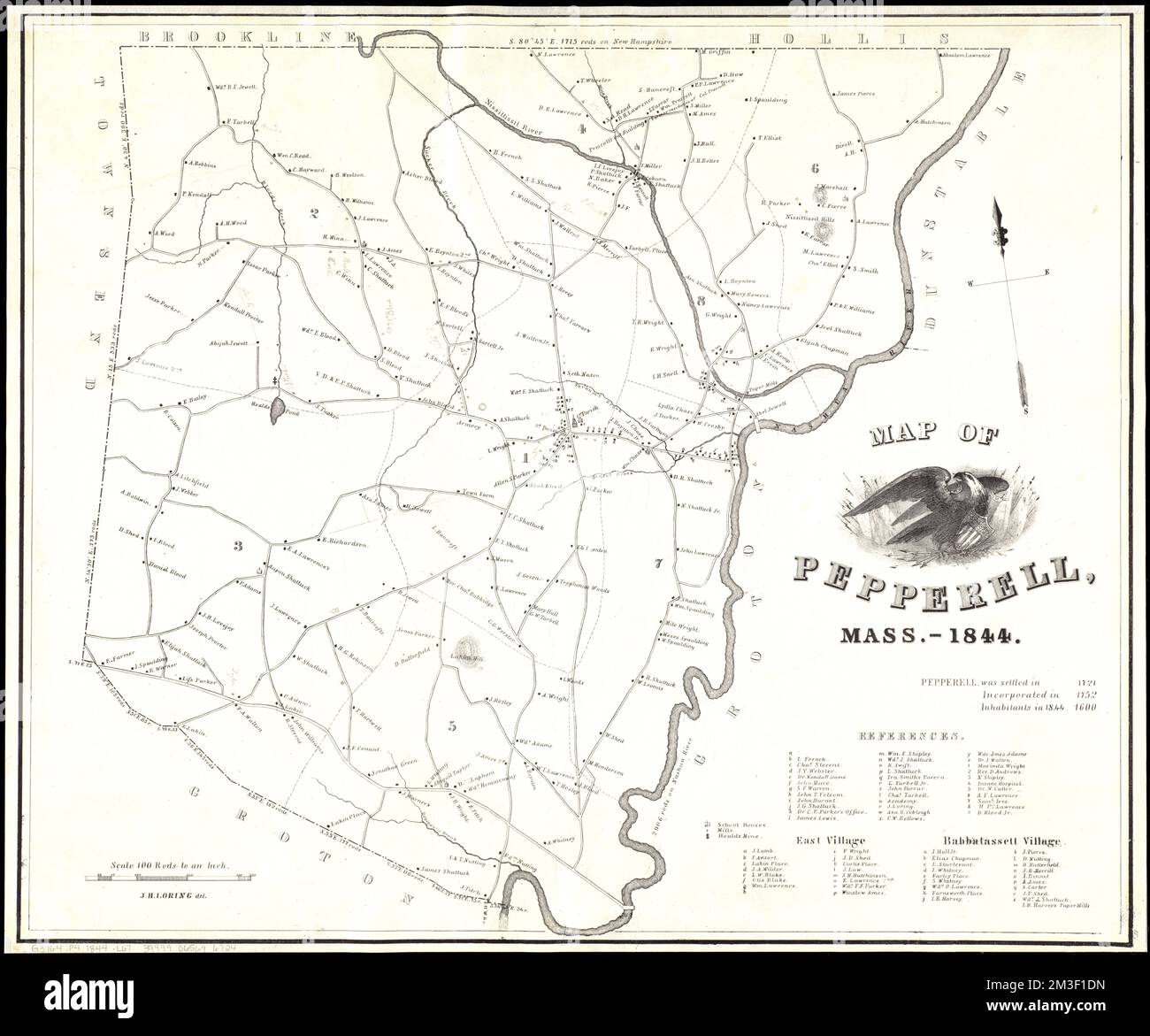 Map of Pepperell, Mass. 1844 , Landowners, Massachusetts, Pepperell
