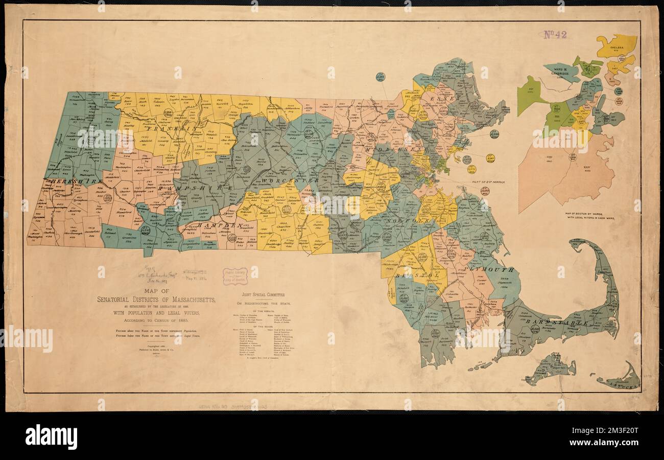 Map of senatorial districts of Massachusetts, as established by the legislature of 1886 : with population and legal voters according to census of 1885 , Massachusetts, Administrative and political divisions, Maps Norman B. Leventhal Map Center Collection Stock Photo