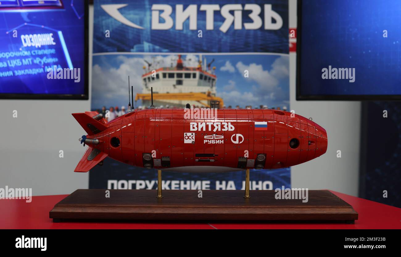 December 8, 2021, Sochi, Russia. The layout of the Russian autonomous uninhabited underwater vehicle Vityaz-D. Stock Photo