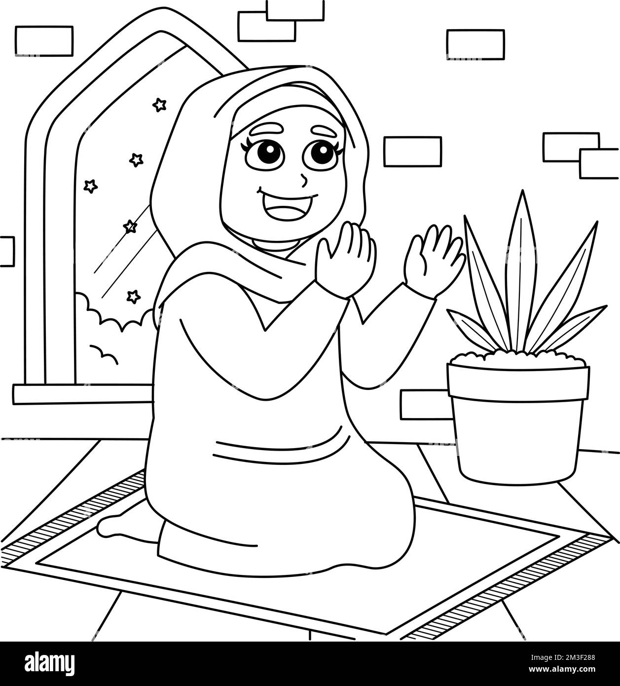 Ramadan Muslim Girl Praying Coloring Page For Kids Stock Vector Image