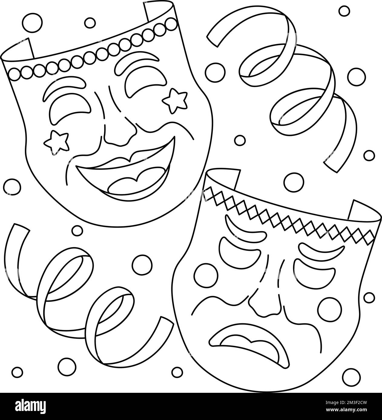 Mardi Gras Tragedy and Comedy Masks Coloring Page Stock Vector