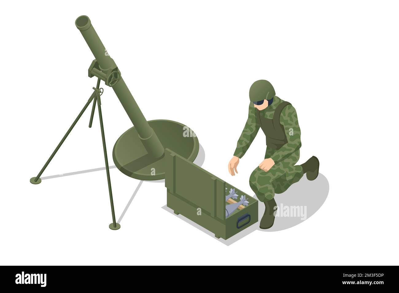 Isometric Special Forces Soldier Police, Swat Team Member. Isometric Soldier with mortar crew. Mortar military weapon. Mortar gun. Special force crew Stock Vector