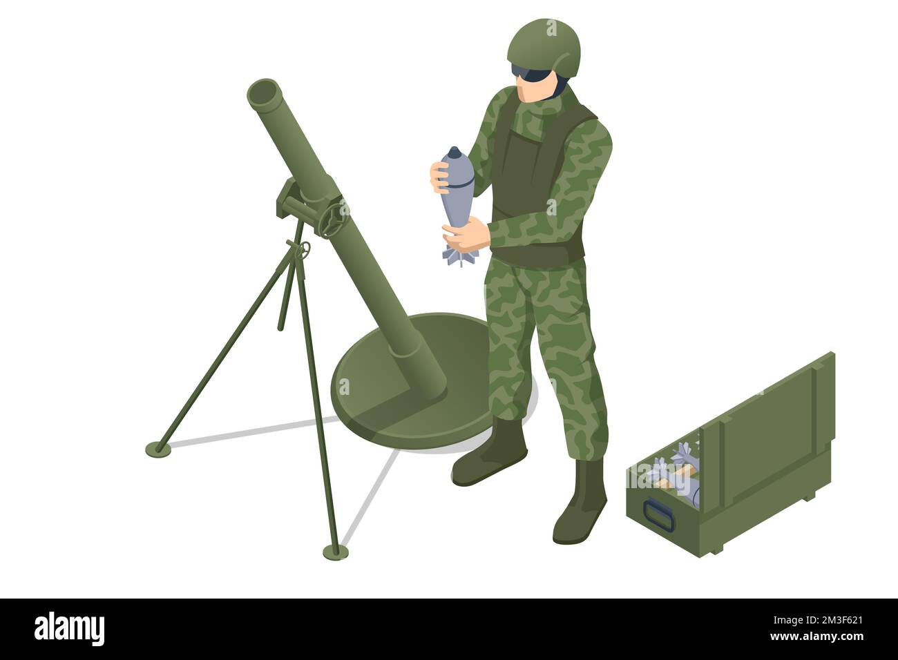 Isometric Special Forces Soldier Police, Swat Team Member. Isometric Soldier with mortar crew. Mortar military weapon. Mortar gun. Special force crew Stock Vector