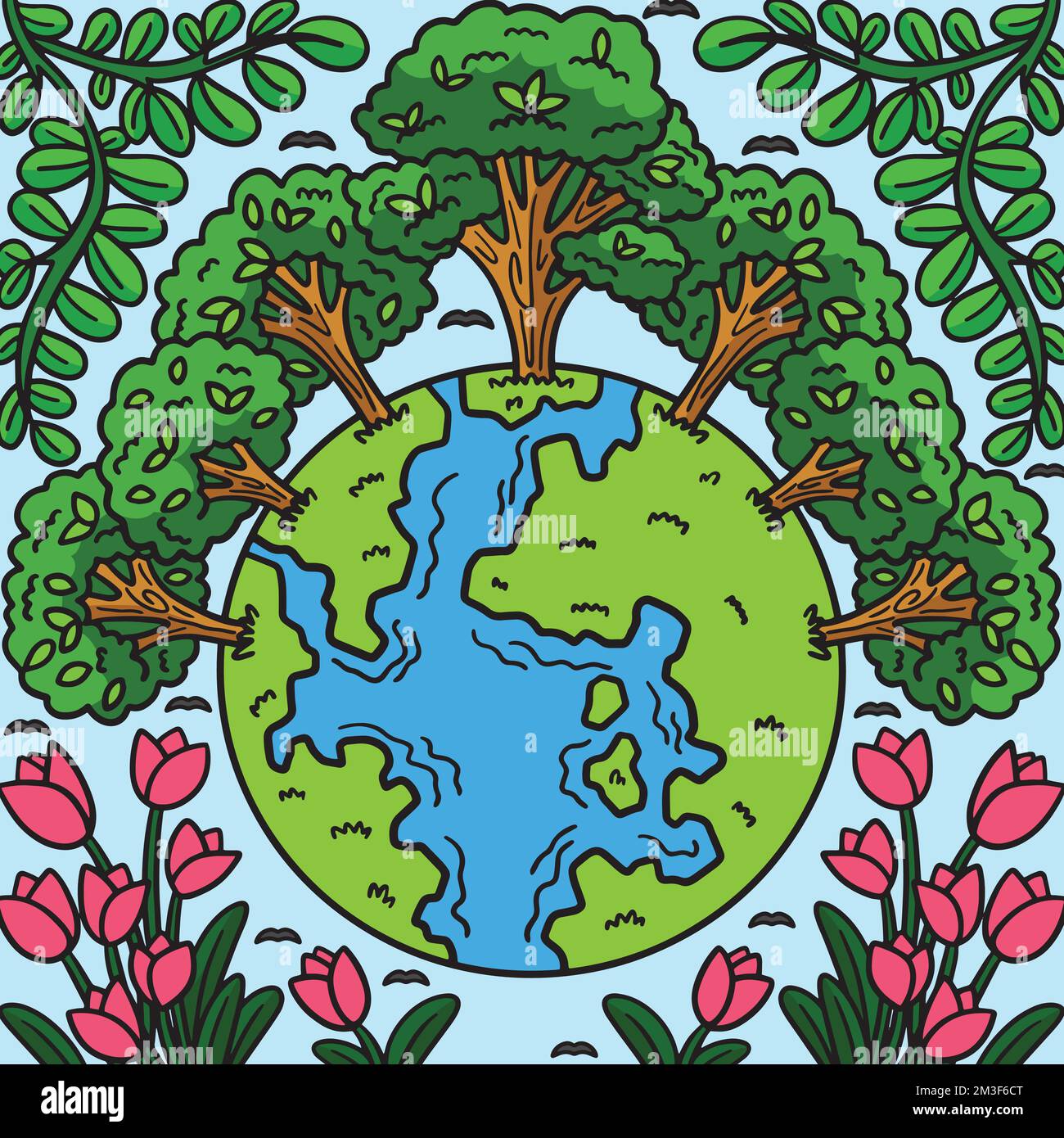 Earth Day Trees Crowning Earth Colored Cartoon Stock Vector