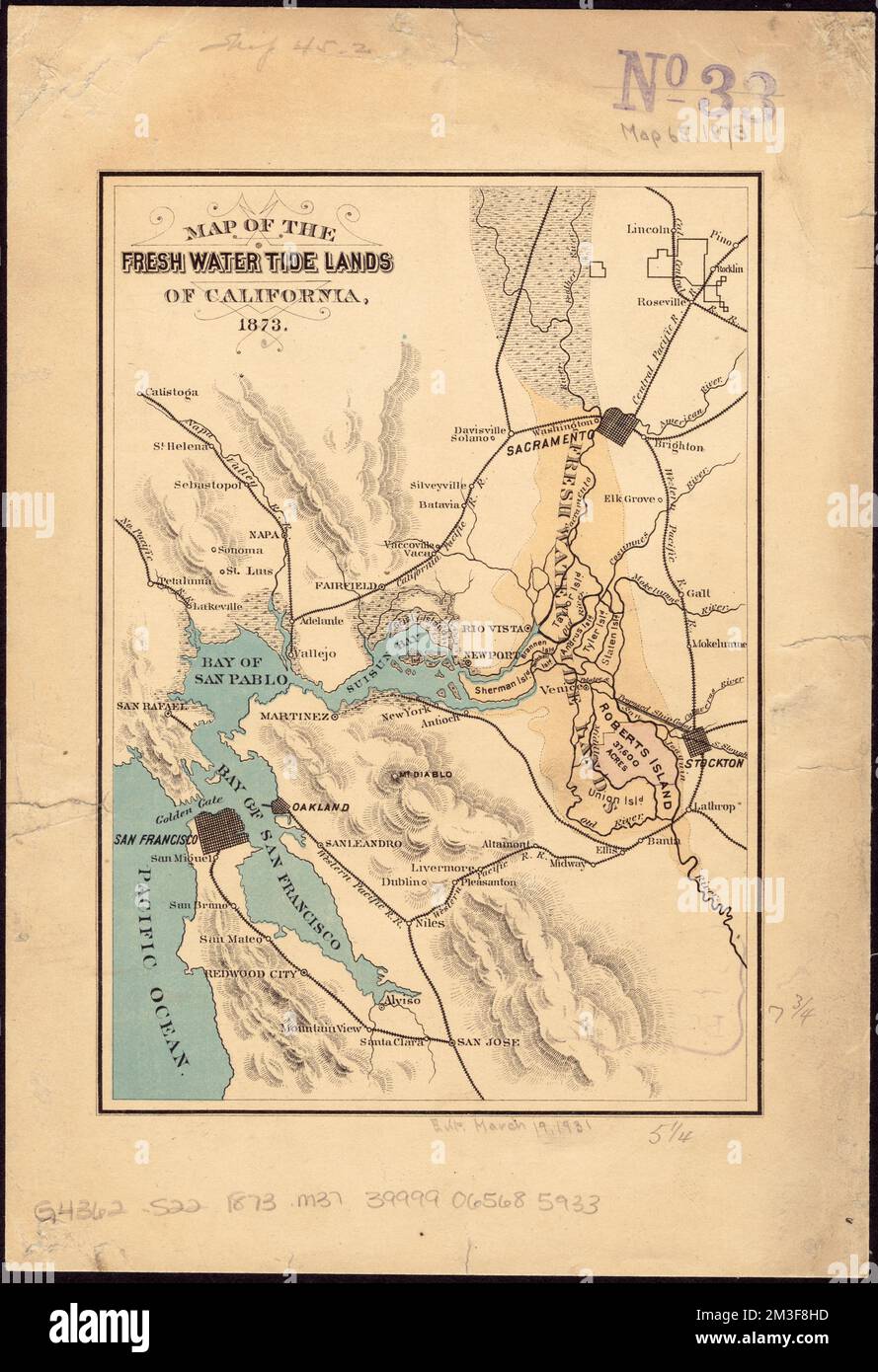 Map of the fresh water tide lands of California , Railroads, California