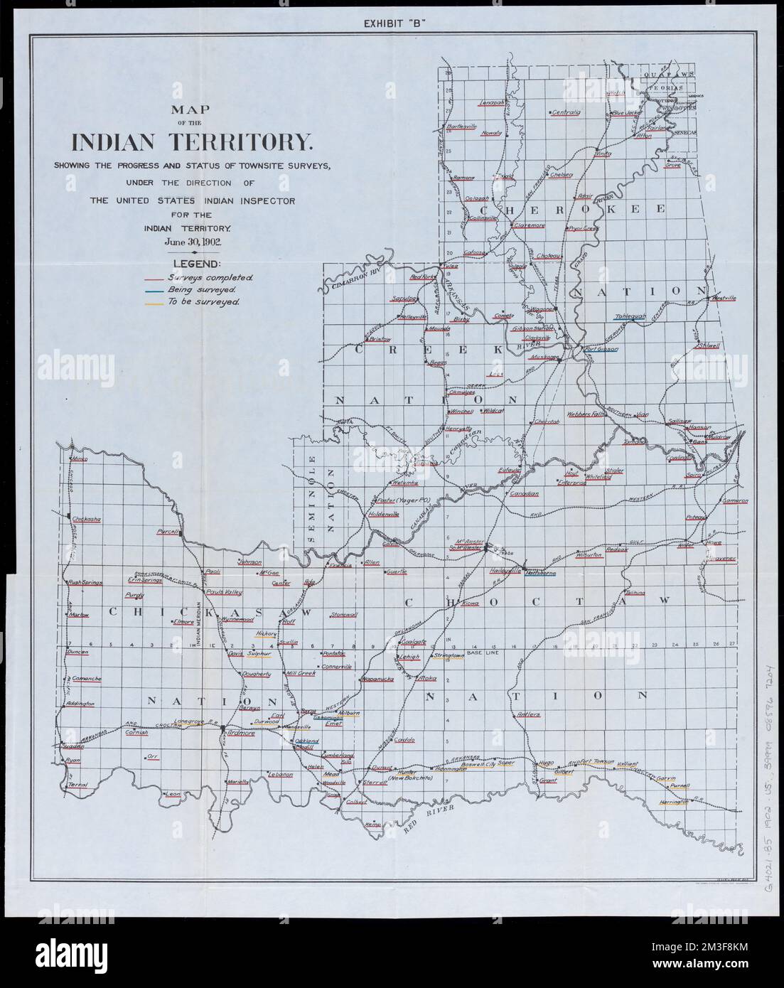 Map of the Indian Territory : showing the progress and status of townsite surveys, under the direction of the United States Indian Inspector for the Indian Territory, June 20, 1902 , Indian Territory, Maps, Oklahoma, Maps, Cities and towns, Indian Territory, Surveys, Maps, Indian reservations, Oklahoma, Maps Norman B. Leventhal Map Center Collection Stock Photo