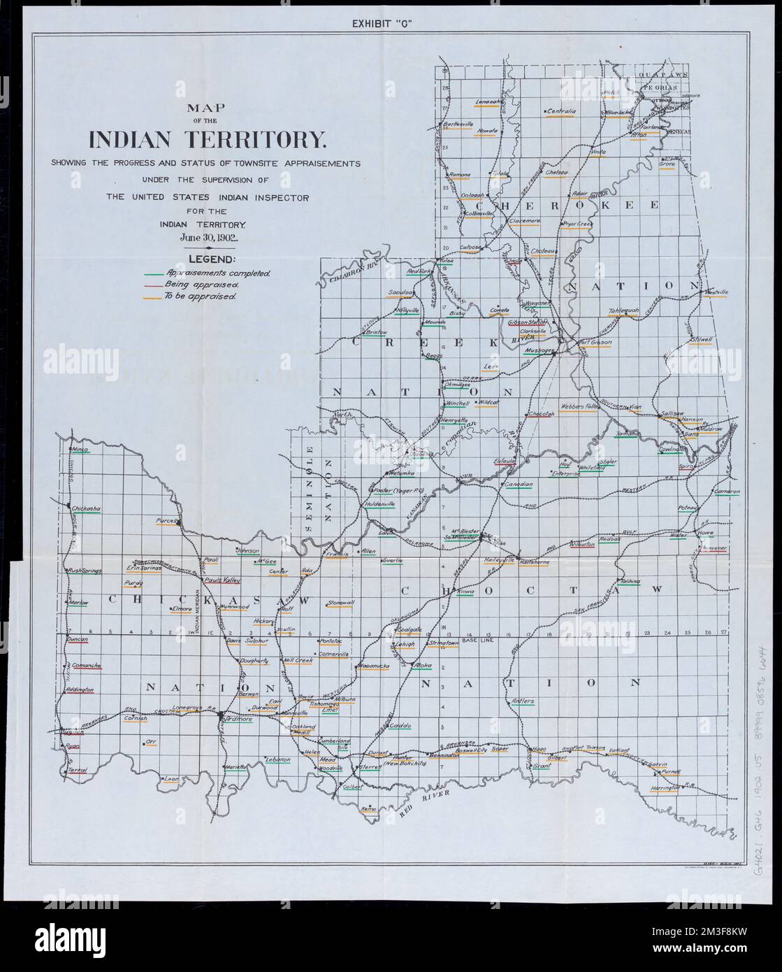 Map of the Indian Territory : showing the progress and status of townsite appraisements, under the supervision of the United States Indian Inspector for the Indian Territory, June 30, 1902 , Indian Territory, Maps, Oklahoma, Maps, Cities and towns, Valuation, Indian Territory, Maps, Indian reservations, Oklahoma, Maps Norman B. Leventhal Map Center Collection Stock Photo