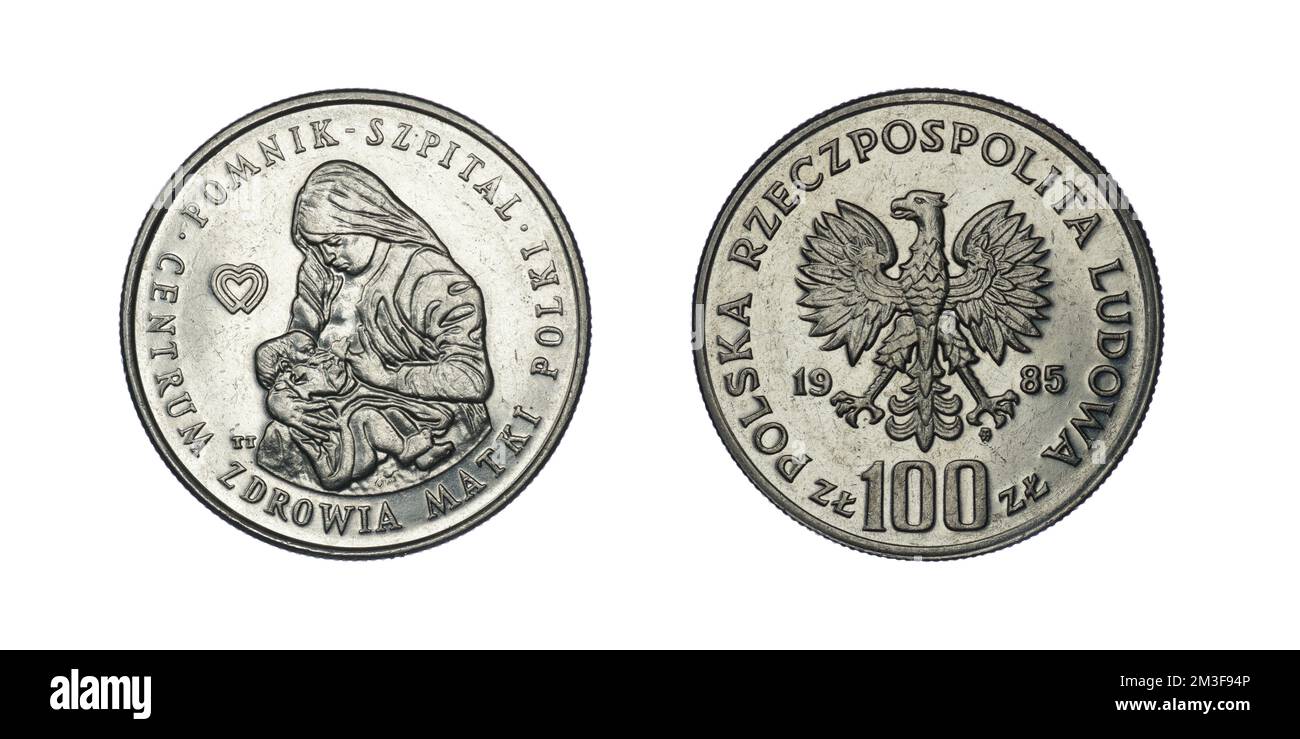 100 zlotys 1985 - Monument - Hospital of the Polish Mother's Health Center on a white background Stock Photo