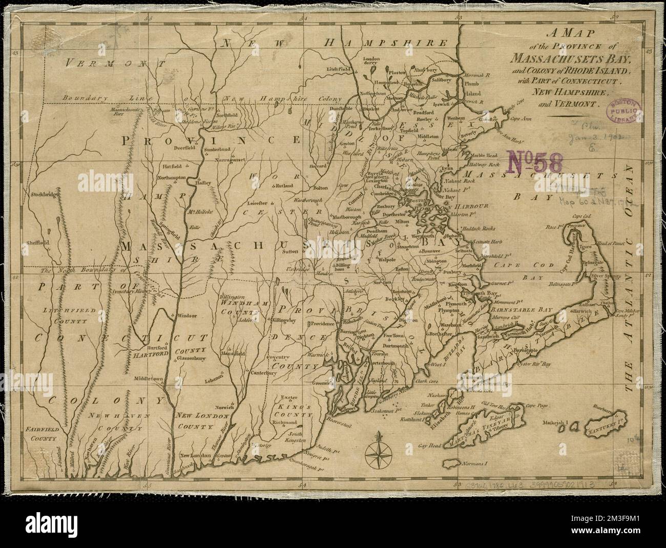 A map of the province of Massachusets Bay and colony of Rhode Island, with part of Connecticut, New Hampshire, and Vermont , Massachusetts, Maps, Early works to 1800, Rhode Island, Maps, Early works to 1800, Connecticut, Maps, Early works to 1800 Norman B. Leventhal Map Center Collection Stock Photo