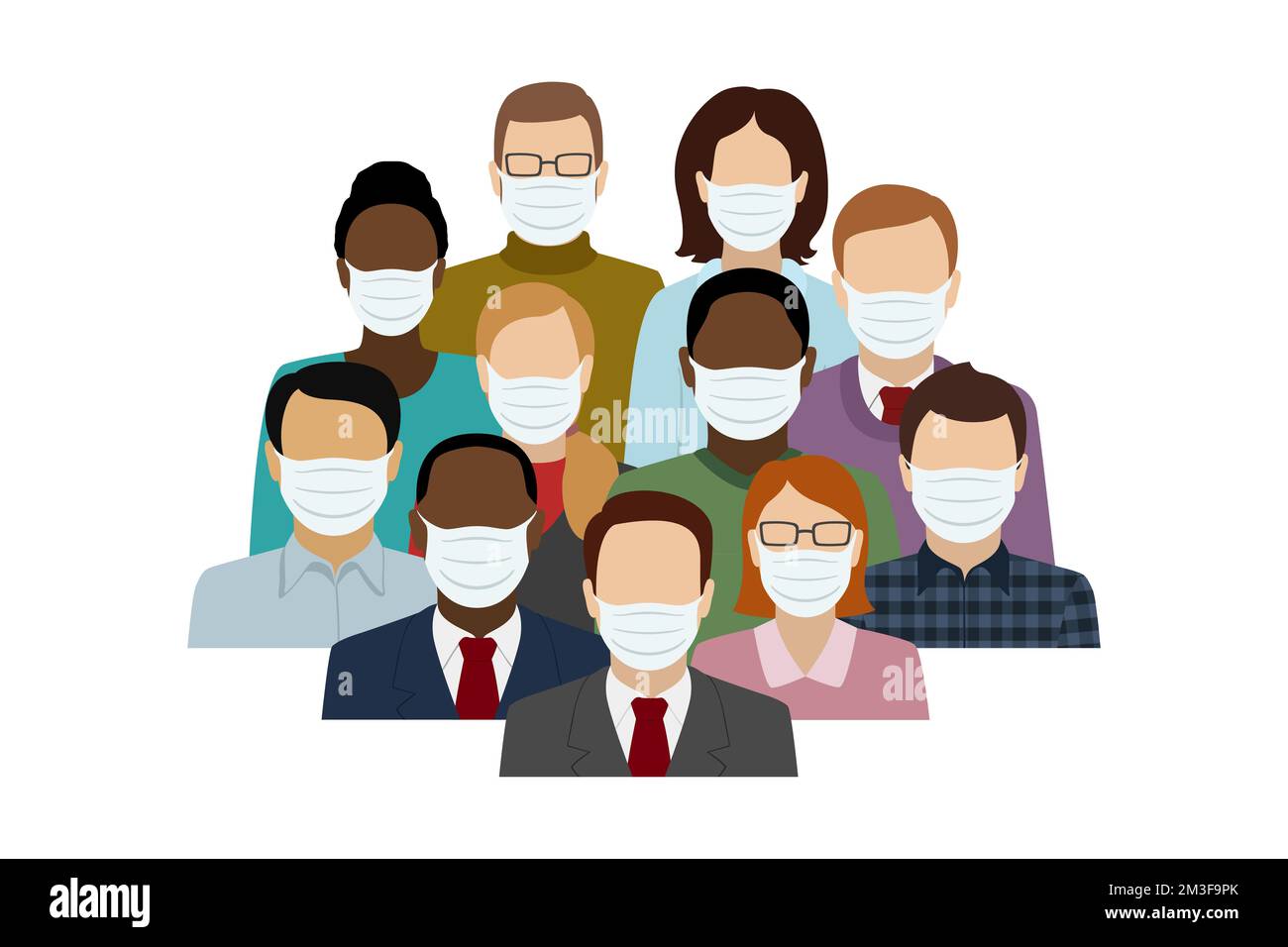 Multiethnic group of people in face masks. Vector illustration. Stock Vector