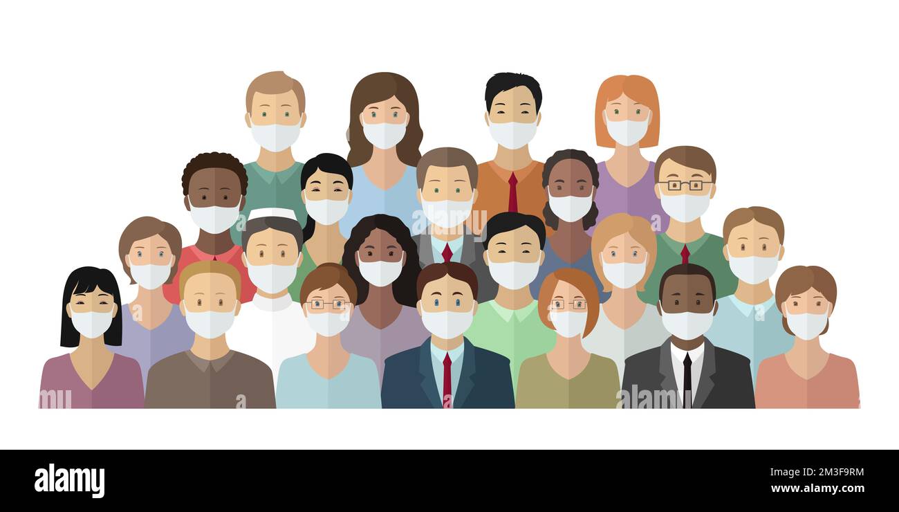 Group of people of different nationalities in medical masks. Vector illustration. Stock Vector