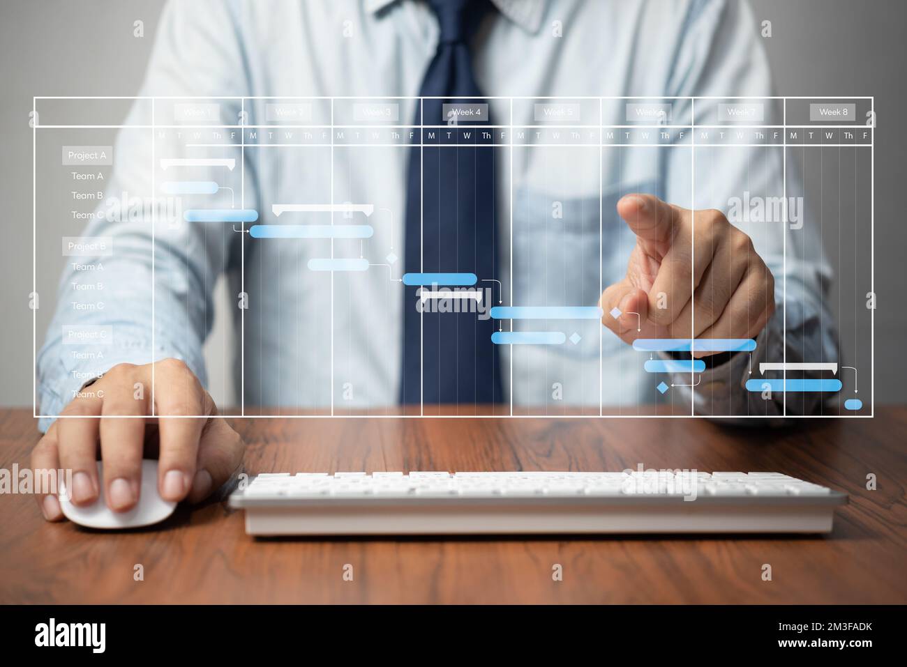 Project manager analyst working with computer in management system to progress planning and make report with KPI chart scheduling diagram.Corporate st Stock Photo